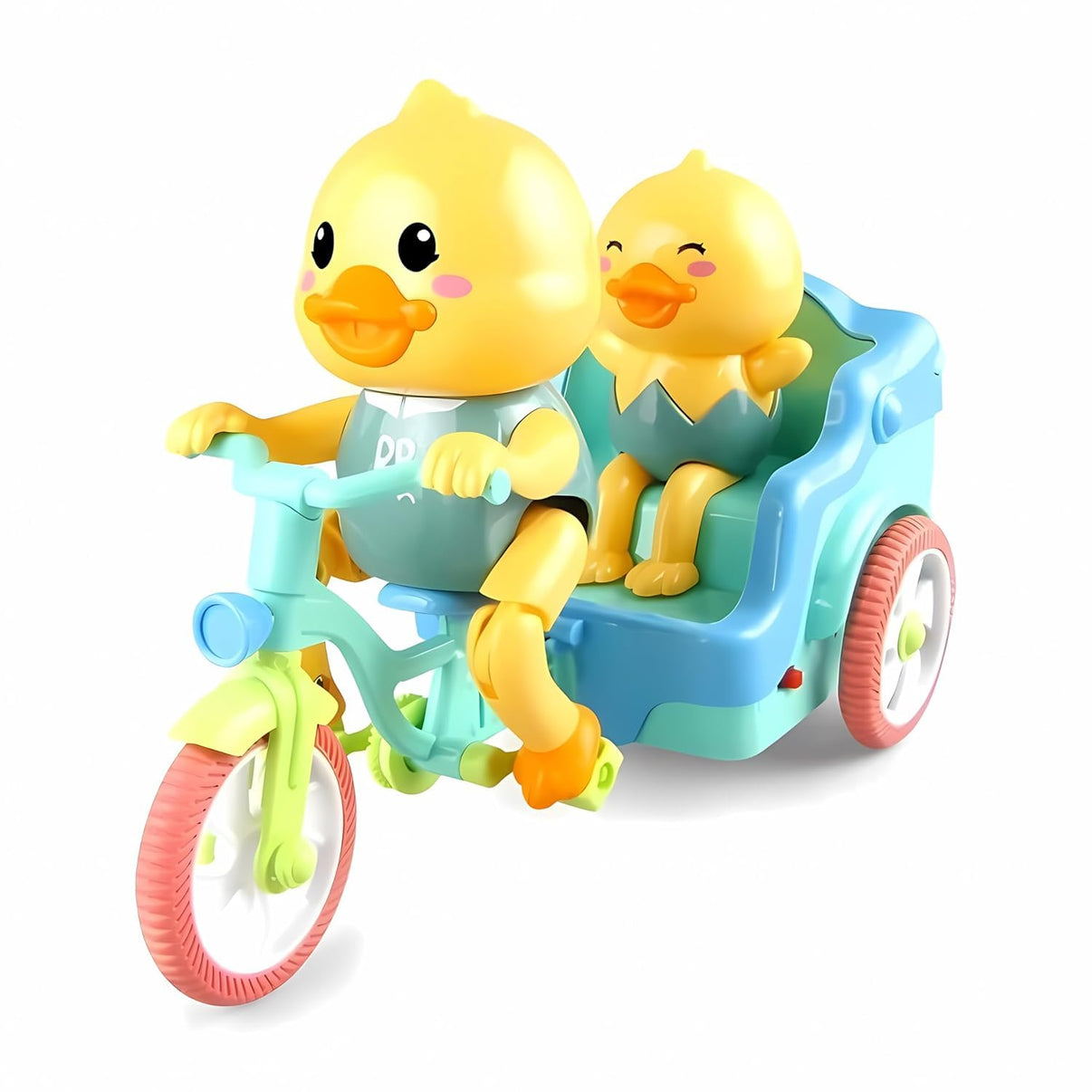 A toy of two yellow ducks riding a light blue and green tricycle with a sidecar is shown against a colorful, cartoon-style cityscape background. Text on the left lists features: "Fun shape," "Eco-friendly plastic," "Guide toddler," and "Children's Colors," each with a small icon.