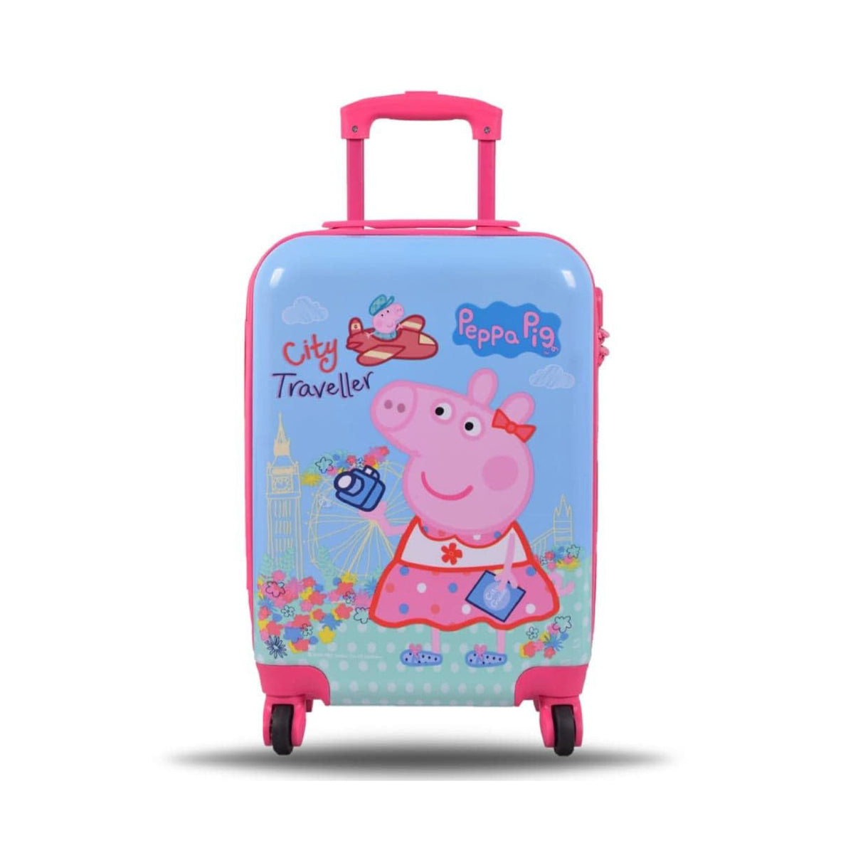 Front view of Peppa Pig City Traveller kids suitcase