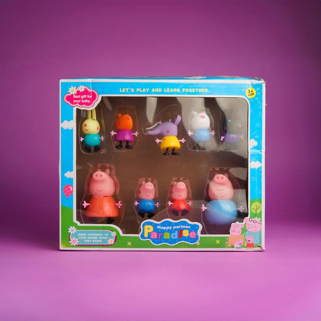 A front view of a "Happy Partner Paradise" toy set, featuring multiple cartoon character figures, including several resembling the Peppa Pig family. The figures are displayed in clear plastic compartments within a light blue box with a green base depicting grass. Text on the box includes "LET'S PLAY AND LEARN TOGETHER" and "Best gift for your baby." The top right corner indicates "3+ AGES."