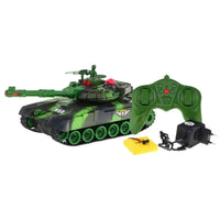 A toy military tank, primarily green and black camouflage, is angled from the front-left, showcasing its large green tracks, a prominent cannon with a red tip, and a small green soldier figure positioned on the turret. Red lights are visible on the turret, and text elements like "TANK - SUPER POWER" and "POWER <