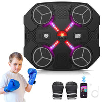 A young boy in white boxing gloves punches a black music boxing machine mounted on a brick wall, with "DEVELOP HAND-EYE COORDINATION" text above. To the right, three grayscale images show children looking bored or stressed by screens and books, contrasted with benefits like "No more screens," "Relieve pressure," and "Bye-bye to obesity."