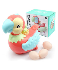 An orange and light blue toy parrot with a smaller blue bird on its back. An inset circle shows the battery compartment. An orange arrow indicates the parrot moves and bumps into a wall, with a starburst effect implying sound or light.