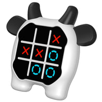 A white electronic puzzle console shaped like a cow's head with black horns and ears. Its screen displays a 3x3 grid for "Memory Flash" game, showing a sequence of blue glowing circles moving along a dotted line. Text reads "Memory Flash: Focus, memorize, repeat!" To the left, a pyramid graphic shows "Level 9" with decreasing numbers of blue circles per level. A small cow icon, green bushes, and a flying white bird are also present.