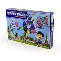 Packaging of World Trade Electronic Banking Game featuring global landmarks and smart cards for kids.